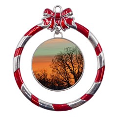 Twilight Sunset Sky Evening Clouds Metal Red Ribbon Round Ornament by Amaryn4rt