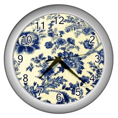 Vintage Blue Drawings On Fabric Wall Clock (silver) by Amaryn4rt