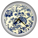 Vintage Blue Drawings On Fabric Wall Clock (Silver) Front