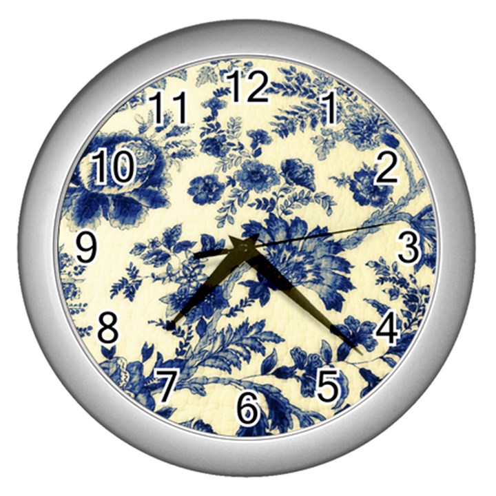 Vintage Blue Drawings On Fabric Wall Clock (Silver)