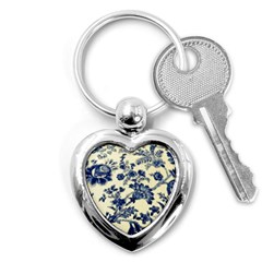 Vintage Blue Drawings On Fabric Key Chain (heart) by Amaryn4rt