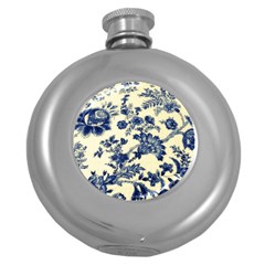 Vintage Blue Drawings On Fabric Round Hip Flask (5 Oz) by Amaryn4rt