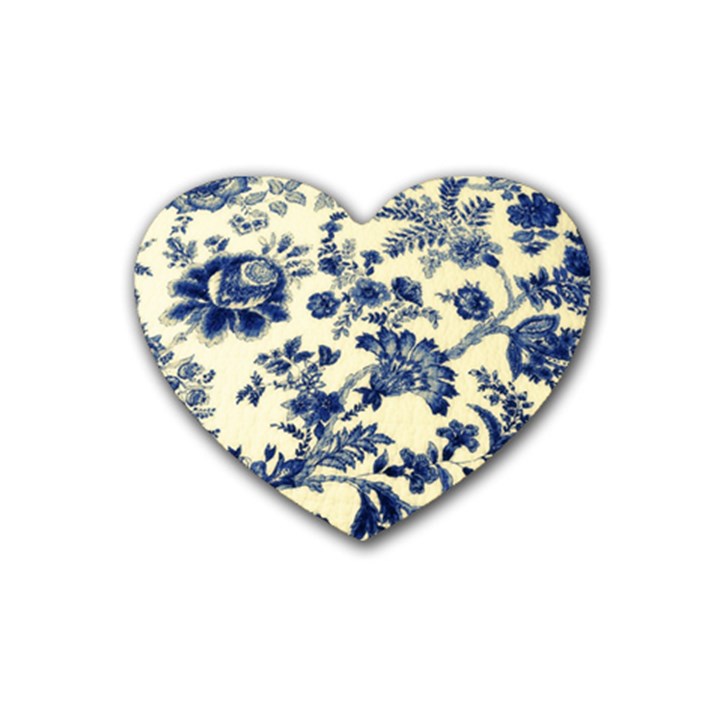 Vintage Blue Drawings On Fabric Rubber Heart Coaster (4 pack)