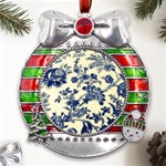 Vintage Blue Drawings On Fabric Metal X Mas Ribbon With Red Crystal Round Ornament Front