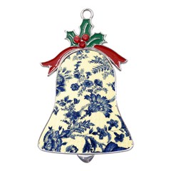 Vintage Blue Drawings On Fabric Metal Holly Leaf Bell Ornament by Amaryn4rt