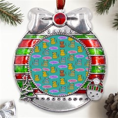 Meow Cat Pattern Metal X mas Ribbon With Red Crystal Round Ornament