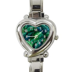 Tropical Green Leaves Background Heart Italian Charm Watch by Amaryn4rt