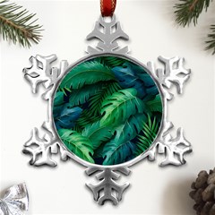 Tropical Green Leaves Background Metal Small Snowflake Ornament by Amaryn4rt