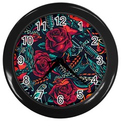 Vintage Flash Tattoos Designs Seamless Pattern Wall Clock (black) by Amaryn4rt