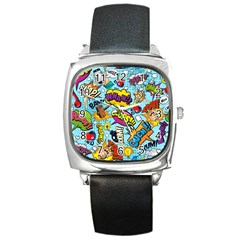 Comic Elements Colorful Seamless Pattern Square Metal Watch by Amaryn4rt