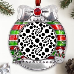 Dot Dots Round Black And White Metal X mas Ribbon With Red Crystal Round Ornament