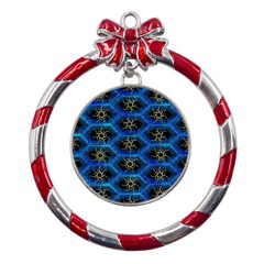 Blue Bee Hive Pattern- Metal Red Ribbon Round Ornament by Amaryn4rt