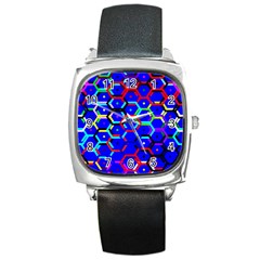 Blue Bee Hive Pattern Square Metal Watch by Amaryn4rt