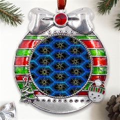 Blue Bee Hive Metal X mas Ribbon With Red Crystal Round Ornament by Amaryn4rt