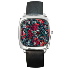 Vintage Flash Tattoos Designs Seamless Pattern Square Metal Watch by Amaryn4rt