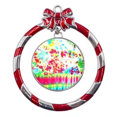 Pattern Decorated Schoolbus Tie Dye Metal Red Ribbon Round Ornament