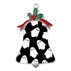 Ghost Halloween Pattern Metal Holly Leaf Bell Ornament by Amaryn4rt