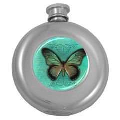 Butterfly Background Vintage Old Grunge Round Hip Flask (5 Oz) by Amaryn4rt