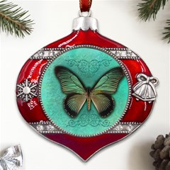 Butterfly Background Vintage Old Grunge Metal Snowflake And Bell Red Ornament by Amaryn4rt