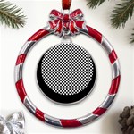 Black And White Checkerboard Background Board Checker Metal Red Ribbon Round Ornament Front