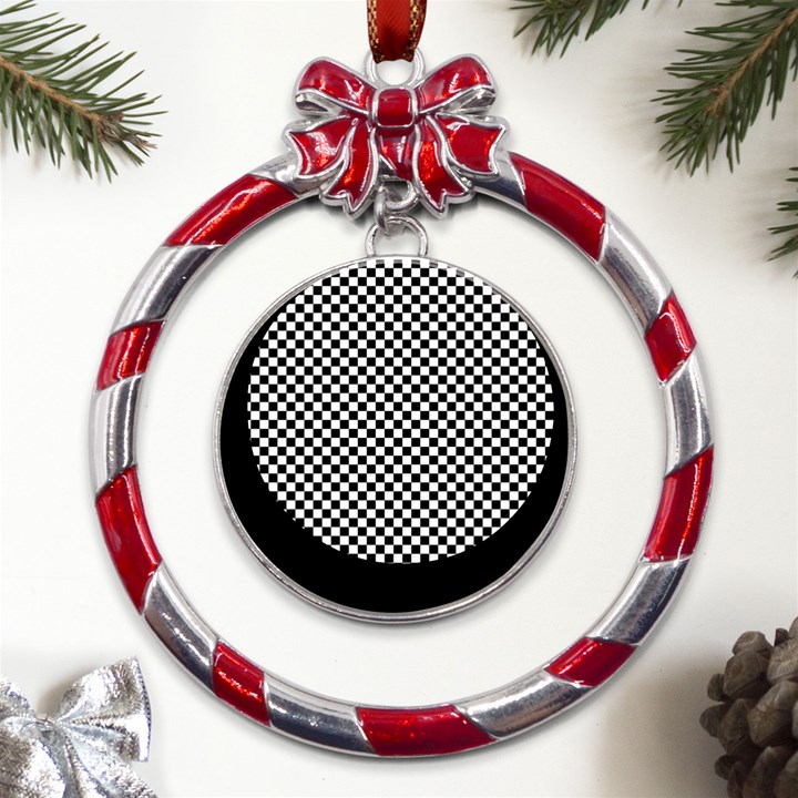 Black And White Checkerboard Background Board Checker Metal Red Ribbon Round Ornament