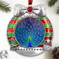 Amazing Peacock Metal X mas Ribbon With Red Crystal Round Ornament