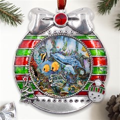 Colorful Aquatic Life Wall Mural Metal X mas Ribbon With Red Crystal Round Ornament by Simbadda