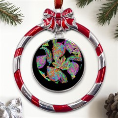 Autumn Pattern Dried Leaves Metal Red Ribbon Round Ornament