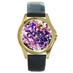 Paint Texture Purple Watercolor Round Gold Metal Watch