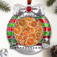 Oranges Background Texture Pattern Metal X mas Ribbon With Red Crystal Round Ornament