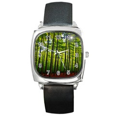 Green Forest Jungle Trees Nature Sunny Square Metal Watch by Ravend