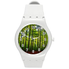 Green Forest Jungle Trees Nature Sunny Round Plastic Sport Watch (m) by Ravend