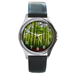 Green Forest Jungle Trees Nature Sunny Round Metal Watch by Ravend