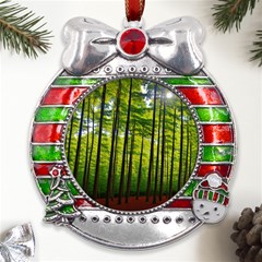 Green Forest Jungle Trees Nature Sunny Metal X mas Ribbon With Red Crystal Round Ornament by Ravend