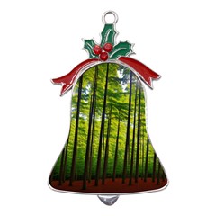 Green Forest Jungle Trees Nature Sunny Metal Holly Leaf Bell Ornament by Ravend