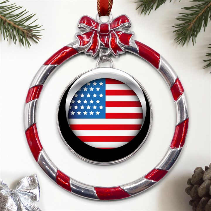 United Of America Usa Flag Metal Red Ribbon Round Ornament