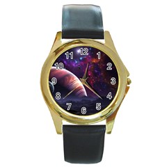 Clouds Fantasy Space Landscape Colorful Planet Round Gold Metal Watch by Ravend