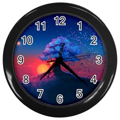 Dark Tree Sunset Landscape Art Wall Clock (black) by Ravend