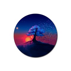 Dark Tree Sunset Landscape Art Rubber Coaster (round) by Ravend