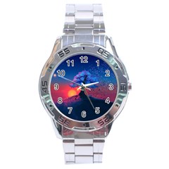 Dark Tree Sunset Landscape Art Stainless Steel Analogue Watch by Ravend