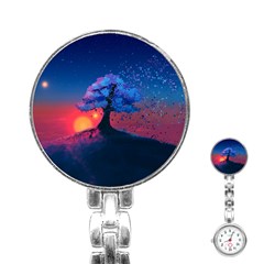 Dark Tree Sunset Landscape Art Stainless Steel Nurses Watch by Ravend