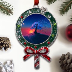 Dark Tree Sunset Landscape Art Metal X mas Lollipop With Crystal Ornament