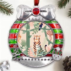 Kids Animals & Jungle Friends Metal X mas Ribbon With Red Crystal Round Ornament by Ravend