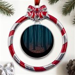 Dark Forest Nature Metal Red Ribbon Round Ornament Front