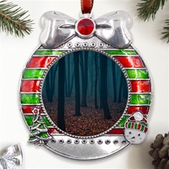 Dark Forest Nature Metal X mas Ribbon With Red Crystal Round Ornament by Ravend