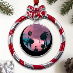 Nature Sunset Sky Clouds Palms Tropics Porous Metal Red Ribbon Round Ornament by Ravend