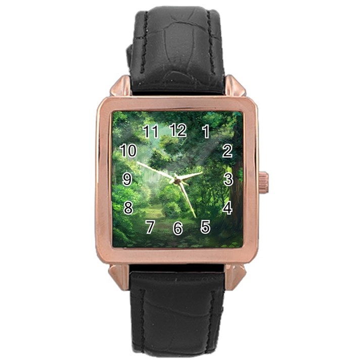 Anime Green Forest Jungle Nature Landscape Rose Gold Leather Watch 