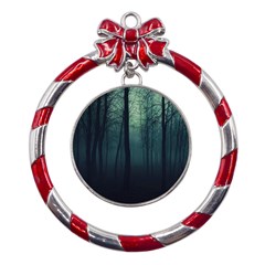 Dark Forest Metal Red Ribbon Round Ornament by Ravend