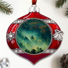 Green Tree Forest Jungle Nature Landscape Metal Snowflake And Bell Red Ornament