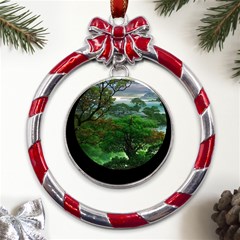 Jungle Forreast Landscape Nature Metal Red Ribbon Round Ornament